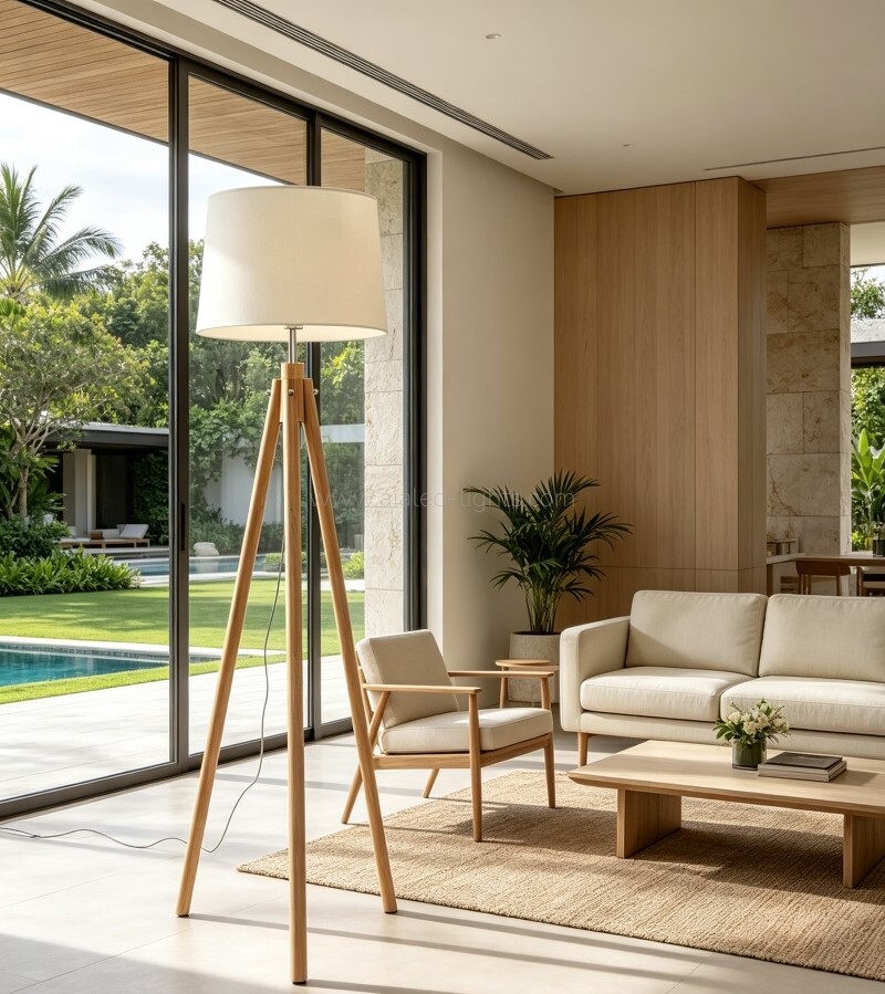 Solid Wood Tripod Floor Lamp Fabric Shade E27 Modern Nordic Luxury Home Standing Light