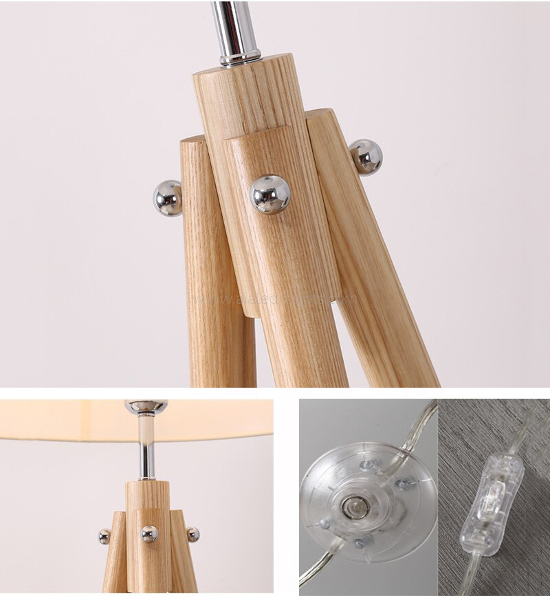 Solid Wood Tripod Floor Lamp Fabric Shade E27 Modern Nordic Luxury Home Standing Light