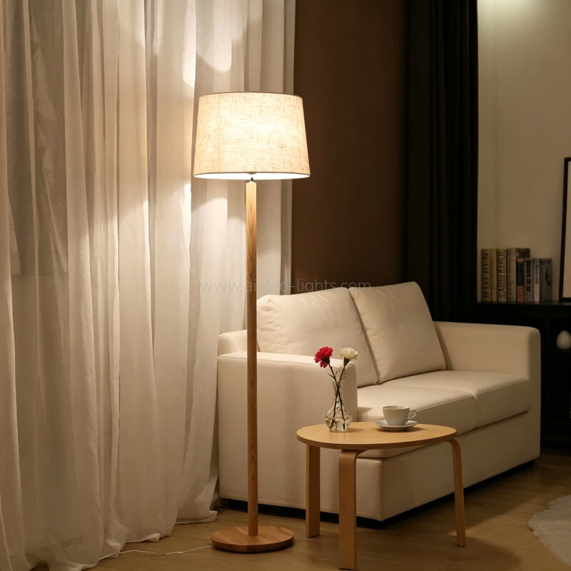 Solid Wood Brief Floor Lamp Linen Shade E27 Nordic Luxury Hotel Standing Lamp