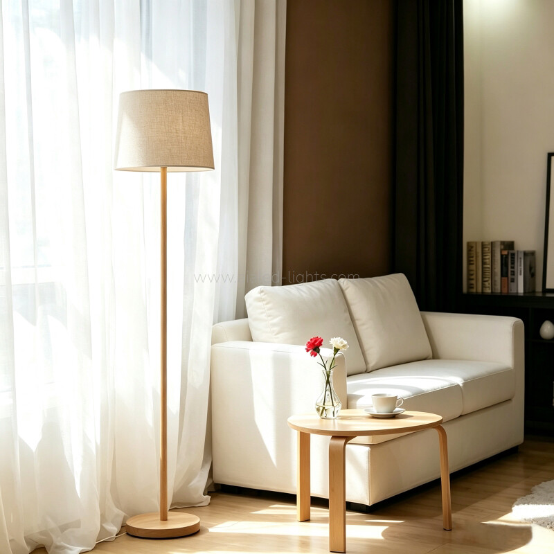 Solid Wood Brief Floor Lamp Linen Shade E27 Nordic Luxury Hotel Standing Lamp