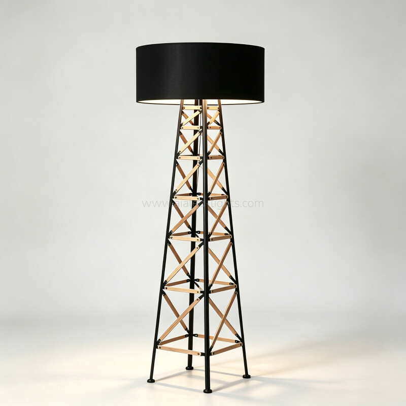Wood Metal Frame Floor Lamp Fabric E27 Standing Lamp for Hotel Villa Resort Living Room Club