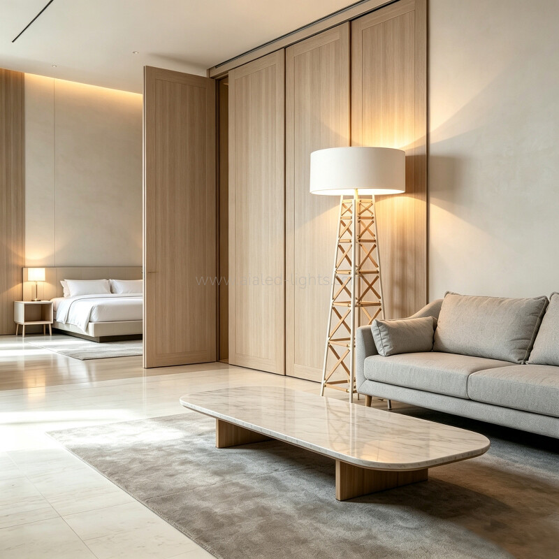 Wood Metal Frame Floor Lamp Fabric E27 Standing Lamp for Hotel Villa Resort Living Room Club