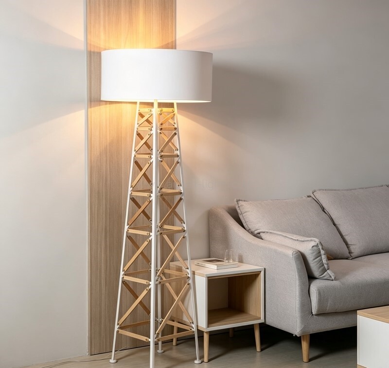Wood Metal Frame Floor Lamp Fabric E27 Standing Lamp for Hotel Villa Resort Living Room Club