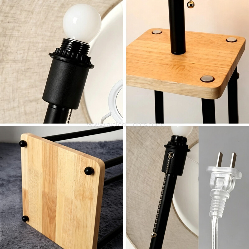 Wood Metal Frame Floor Lamp Fabric E27 Standing Lamp Shelf for Office