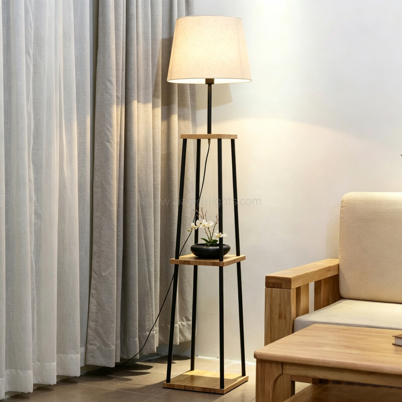 Wood Metal Frame Floor Lamp Fabric E27 Standing Lamp Shelf for Office