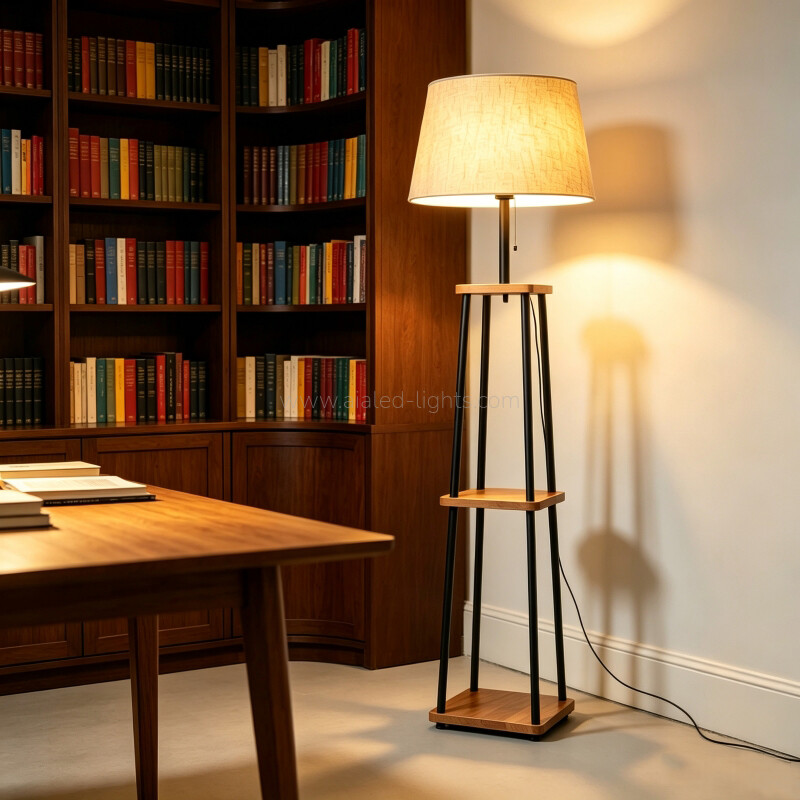 Wood Metal Frame Floor Lamp Fabric E27 Standing Lamp Shelf for Office