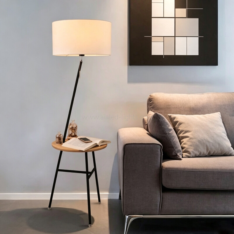 Modern Wood Metal Floor Lamp Fabric E27 Standing Lamp Table for Office