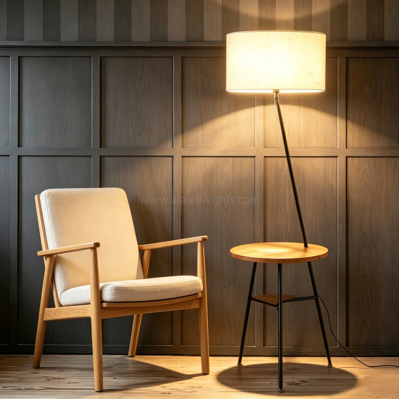 Modern Wood Metal Floor Lamp Fabric E27 Standing Lamp Table for Office