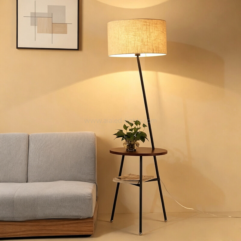 Modern Wood Metal Floor Lamp Fabric E27 Standing Lamp Table for Office
