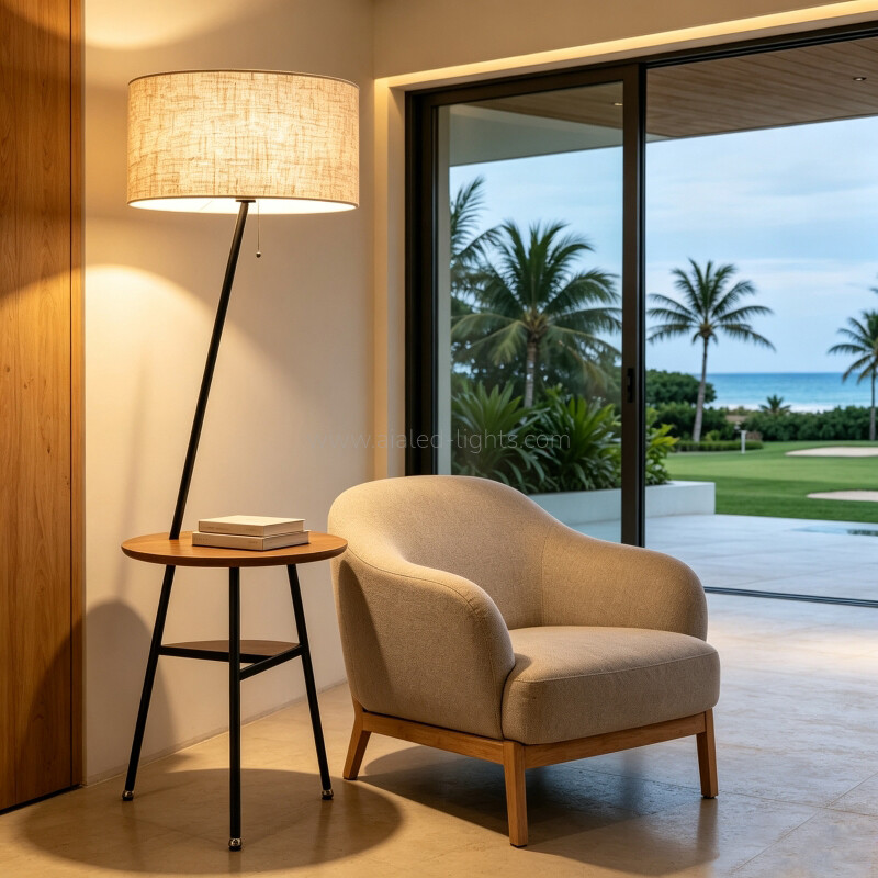 Modern Wood Metal Floor Lamp Fabric E27 Standing Lamp Table for Office