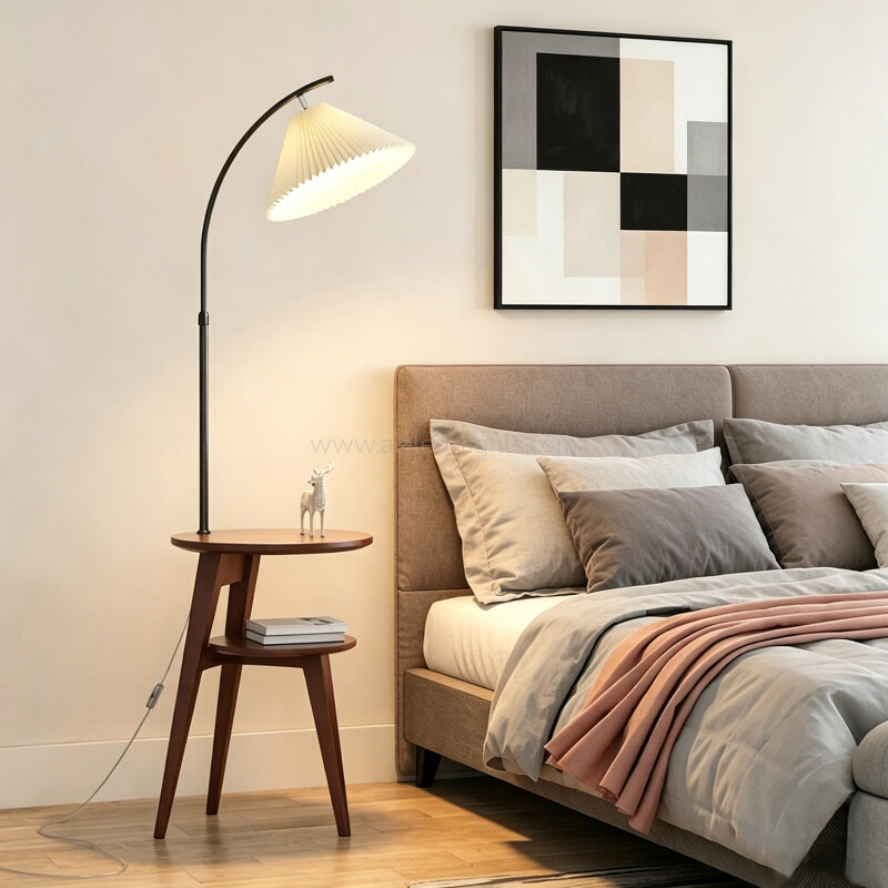 E27 Wooden Arc Floor Lamp With Side Table Reading Standing Lamp Height Adjustable 
