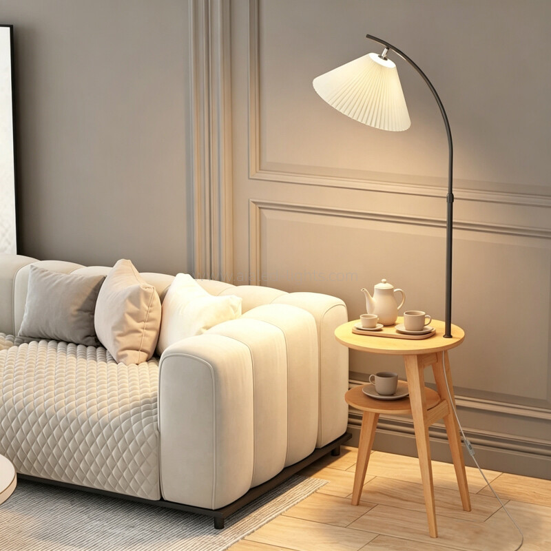 E27 Wooden Arc Floor Lamp With Side Table Reading Standing Lamp Height Adjustable 