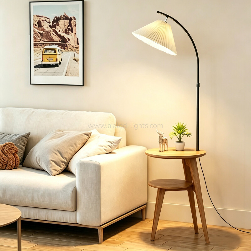 E27 Wooden Arc Floor Lamp With Side Table Reading Standing Lamp Height Adjustable 