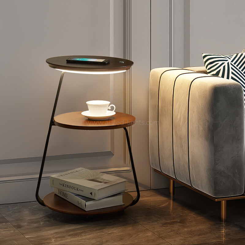 10W LED Floor Lamp with Side Table Multi Tier Storage End Table Floor Light with Wireless Charging for Living Room Bedroom Hotel Club
