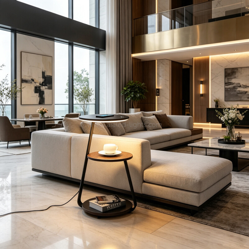 10W LED Floor Lamp with Side Table Multi Tier Storage End Table Floor Light with Wireless Charging for Living Room Bedroom Hotel Club