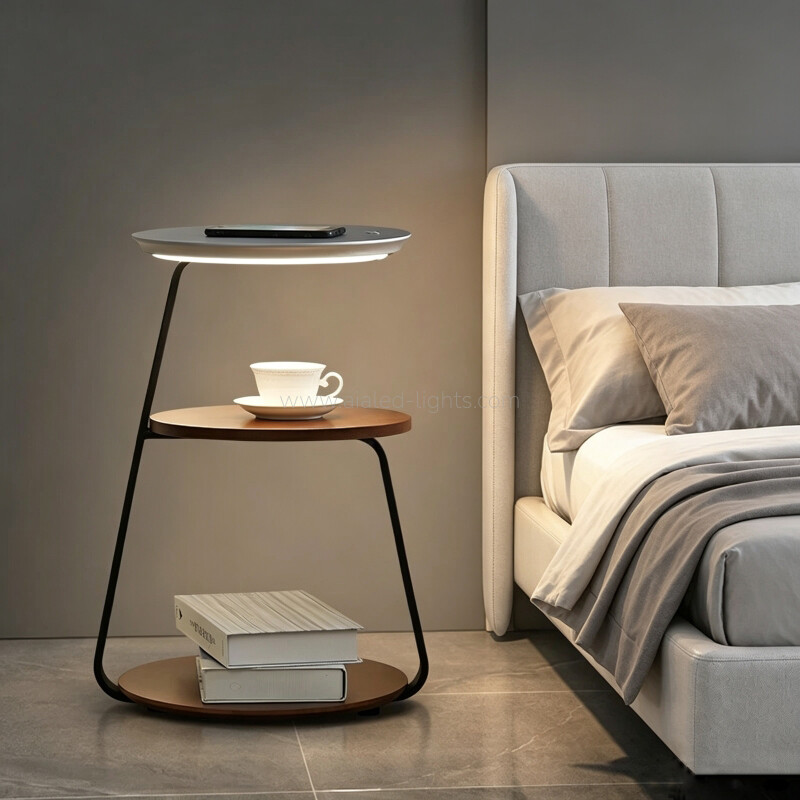 10W LED Floor Lamp with Side Table Multi Tier Storage End Table Floor Light with Wireless Charging for Living Room Bedroom Hotel Club