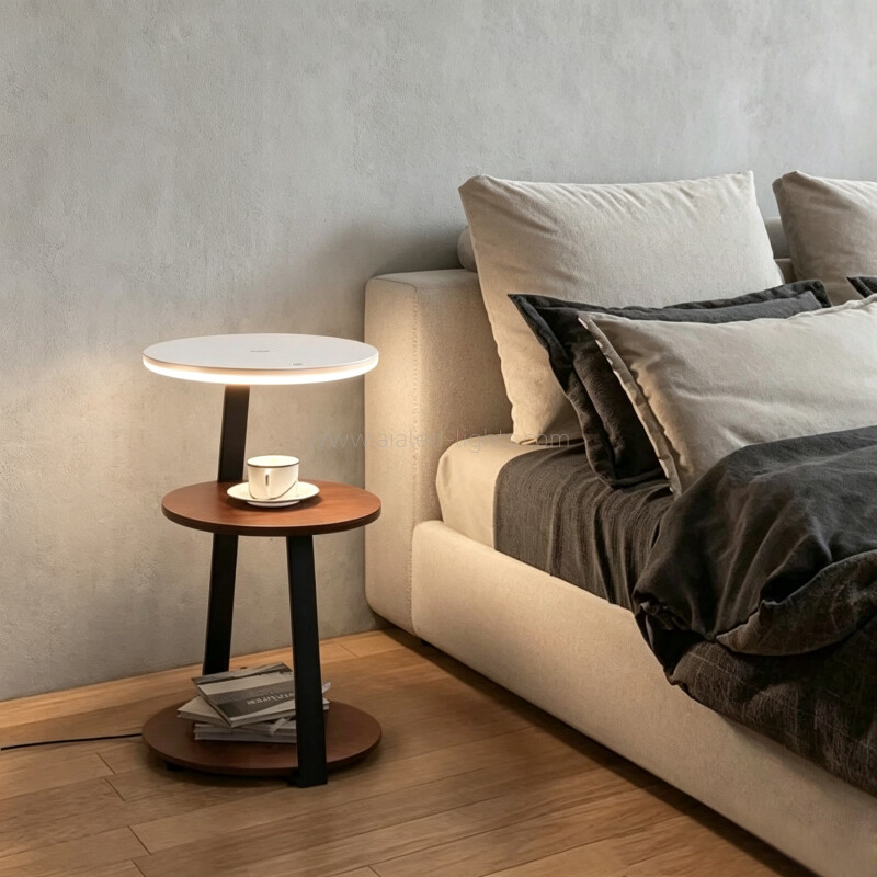 10W LED Floor Lamp with Side Table Multi Tier Storage End Table Floor Light with Wireless Charging for Living Room Bedroom Hotel Club