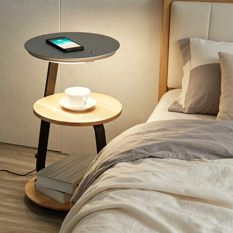 10W LED Floor Lamp with Side Table Multi Tier Storage End Table Floor Light with Wireless Charging for Living Room Bedroom Hotel Club