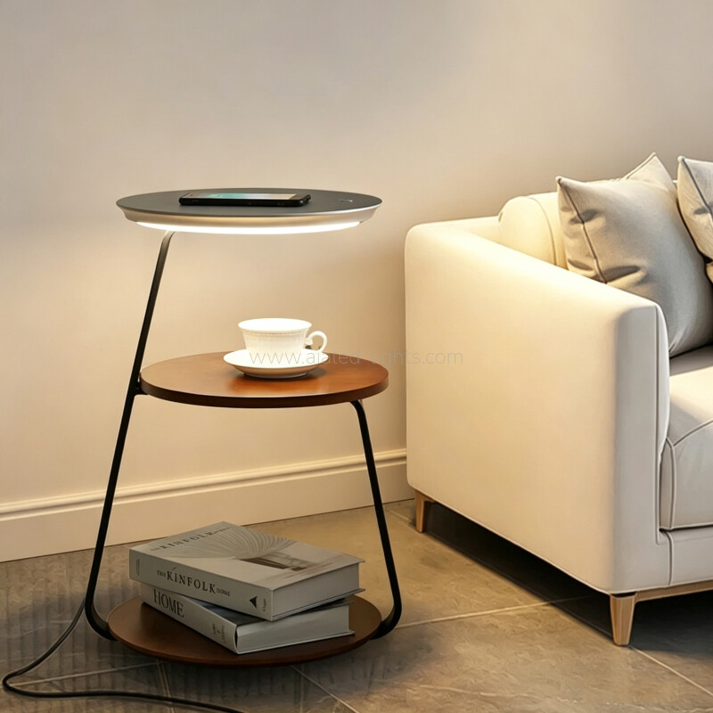 10W LED Floor Lamp with Side Table Multi Tier Storage End Table Floor Light with Wireless Charging for Living Room Bedroom Hotel Club