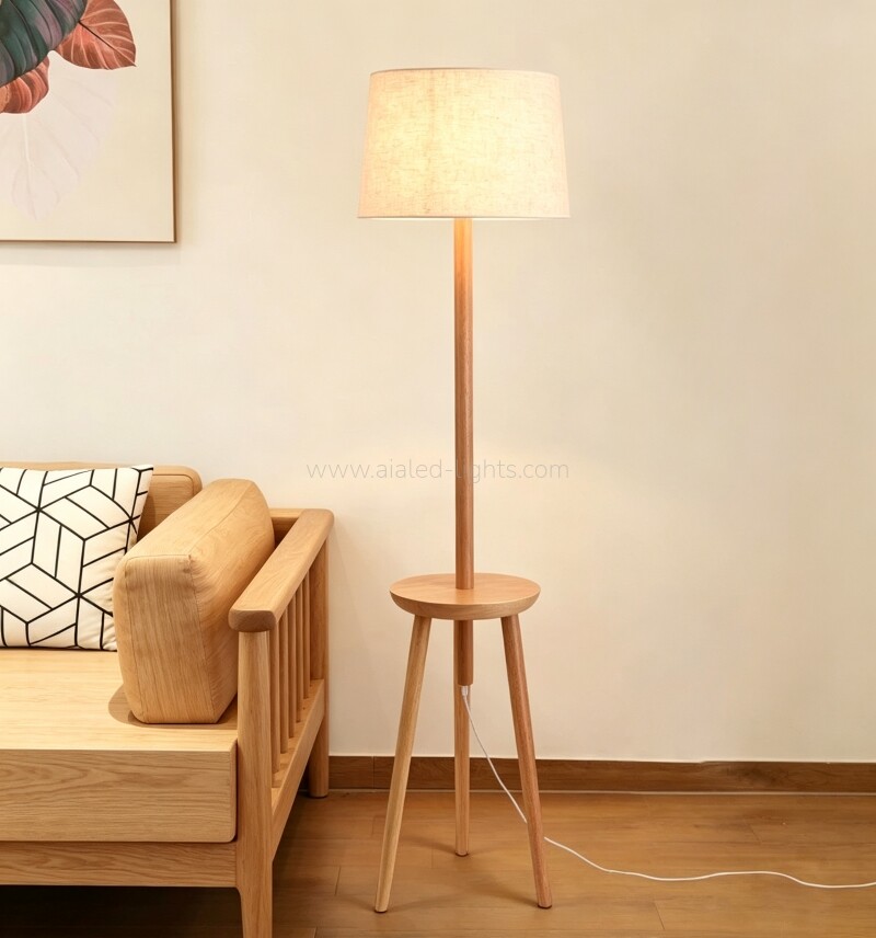 Solid wood tripod floor lamp soft fabric lampshade for hotel suite villa living room bedroom home decor