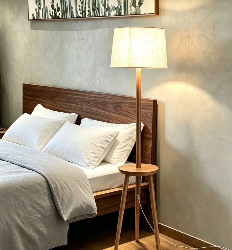 Solid wood tripod floor lamp soft fabric lampshade for hotel suite villa living room bedroom home decor