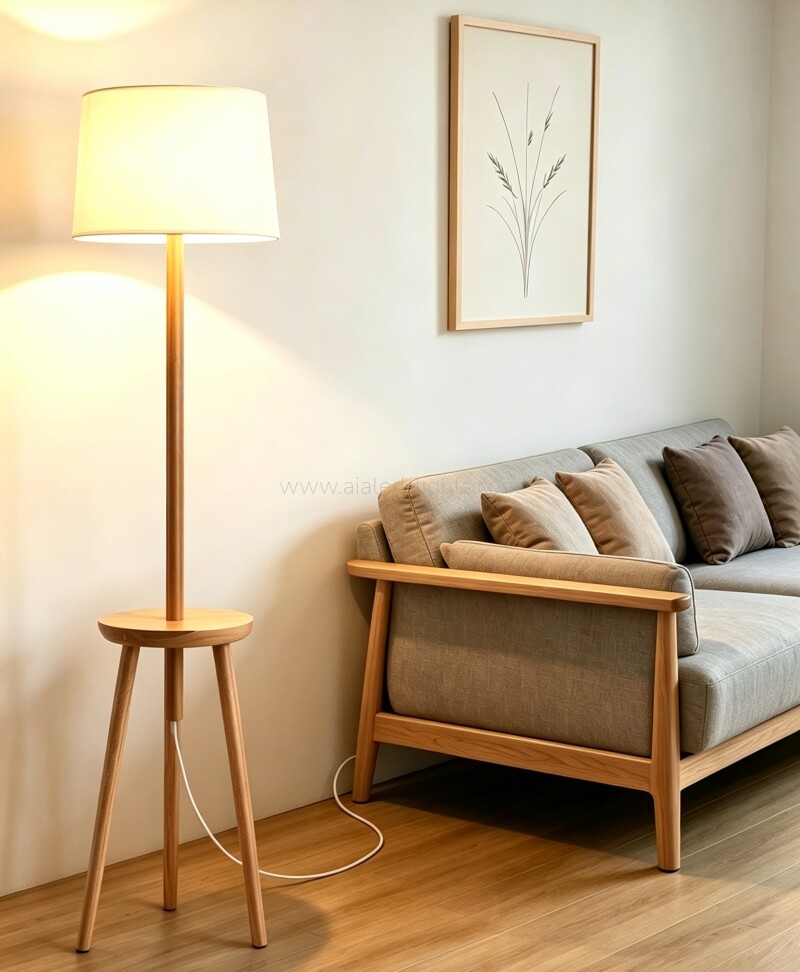 Solid wood tripod floor lamp soft fabric lampshade for hotel suite villa living room bedroom home decor