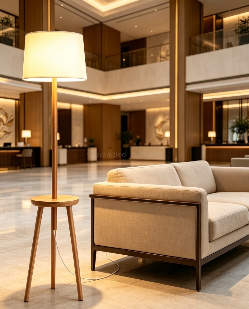 Solid wood tripod floor lamp soft fabric lampshade for hotel suite villa living room bedroom home decor