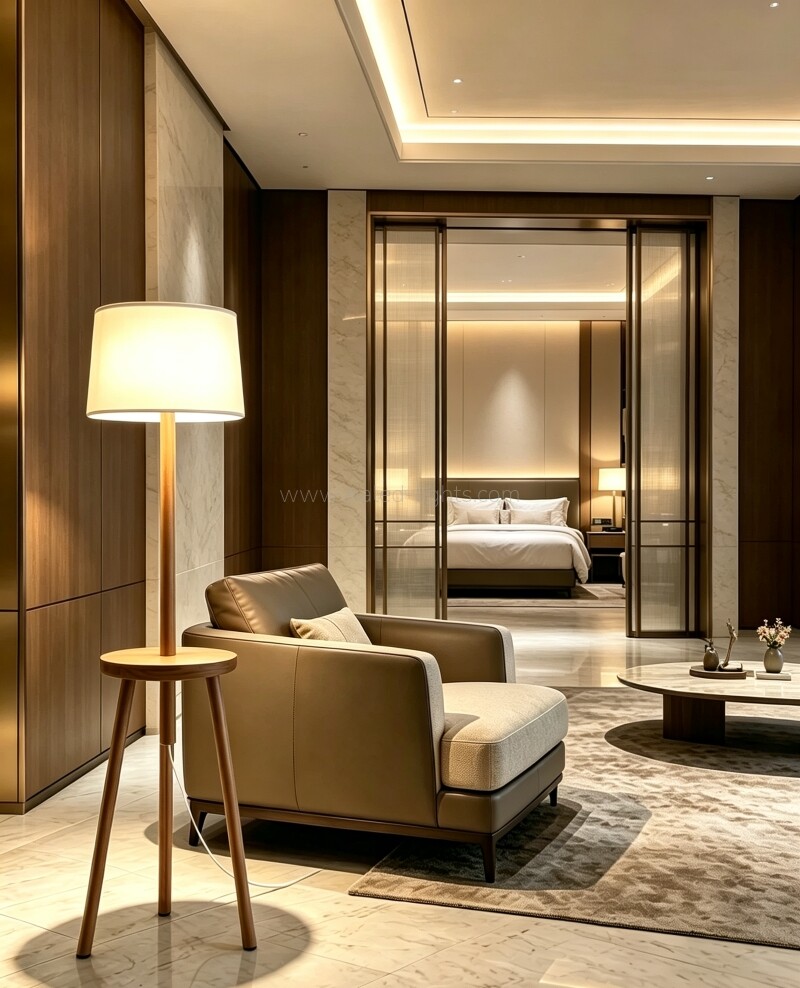Solid wood tripod floor lamp soft fabric lampshade for hotel suite villa living room bedroom home decor