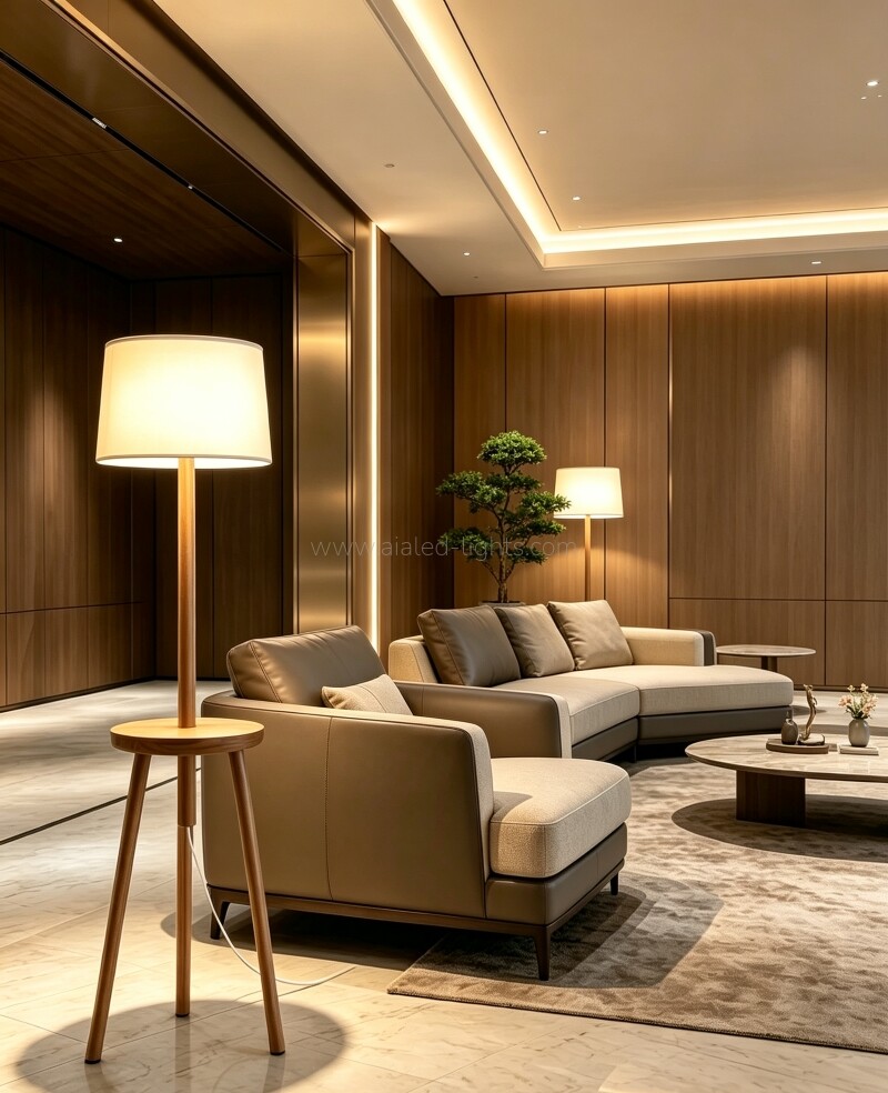 Solid wood tripod floor lamp soft fabric lampshade for hotel suite villa living room bedroom home decor