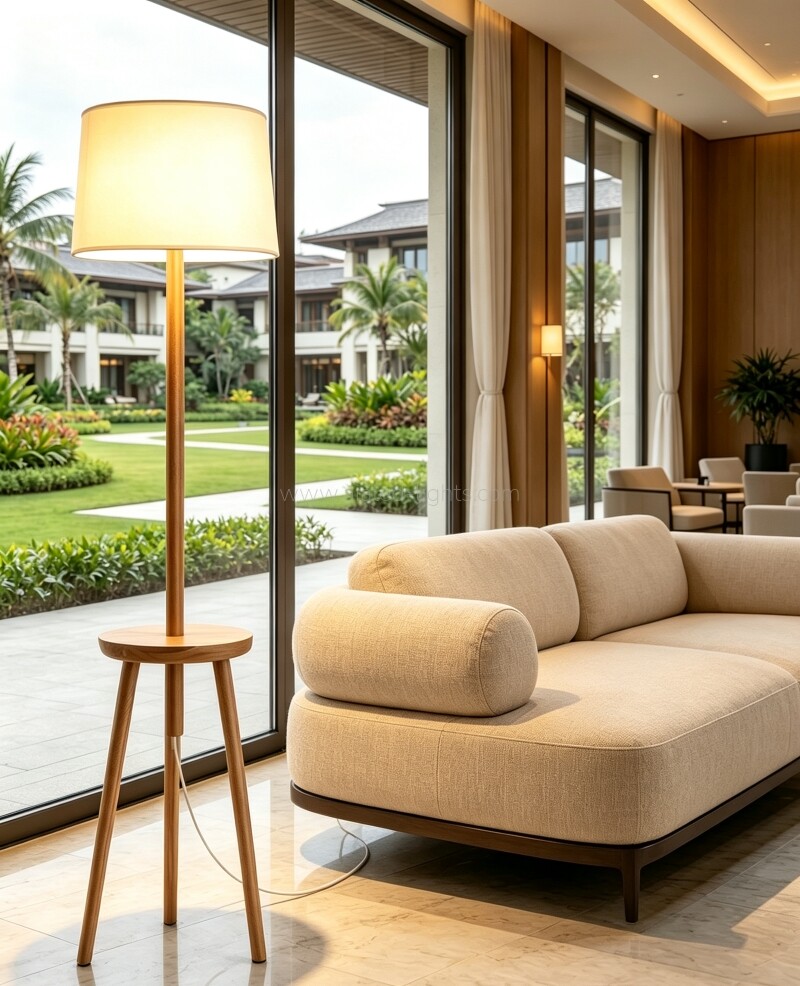 Solid wood tripod floor lamp soft fabric lampshade for hotel suite villa living room bedroom home decor